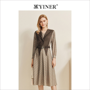 YINER音儿女装春季假两件格子v领法式长袖格子连衣裙