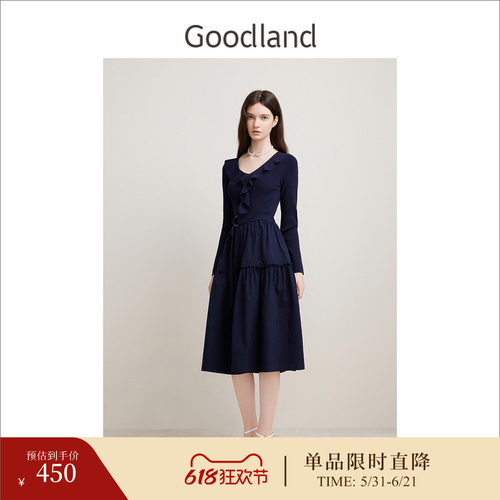 Goodland美地女装春季法式优雅宫廷假两件小A摆连衣裙