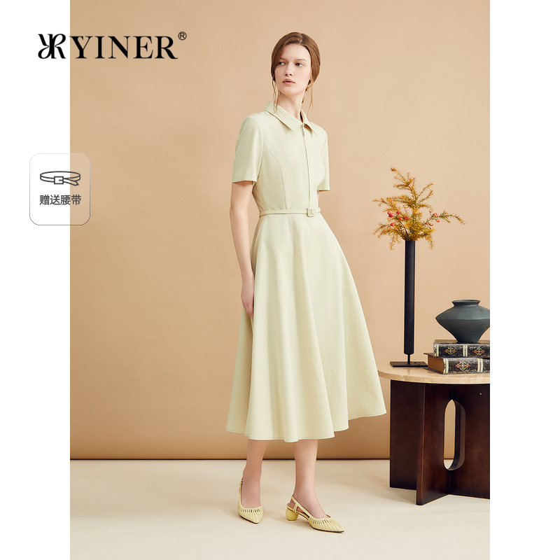 YINER音儿秋季法式复古衬衫领小A字肌理感显瘦连衣裙