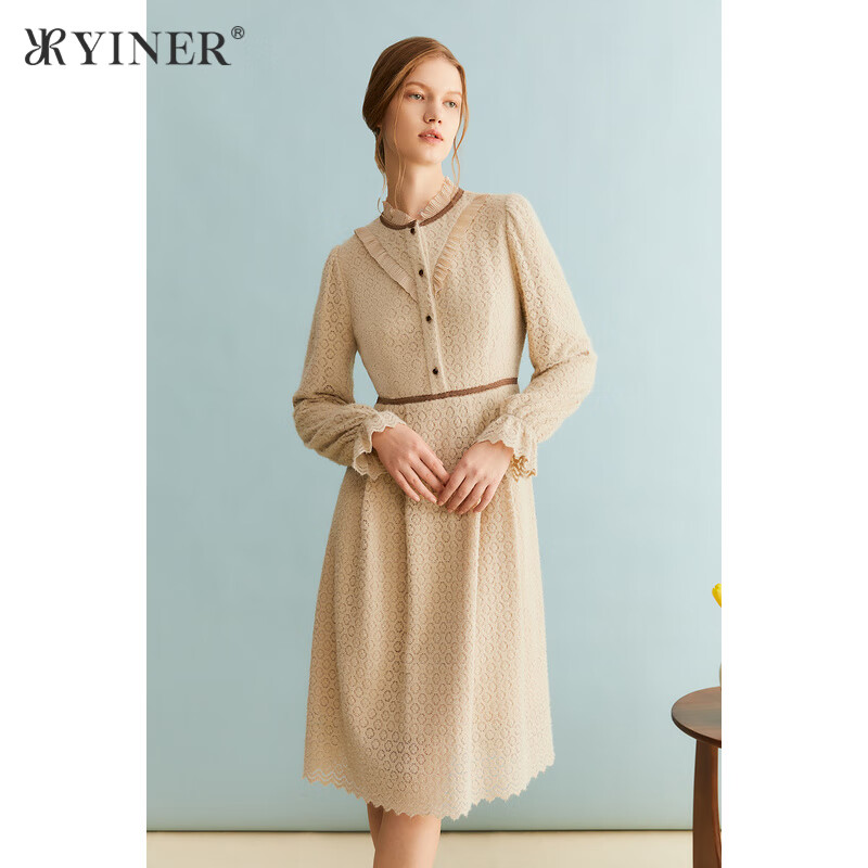 YINER音儿专选冬季女装法式木耳花边轻甜喇叭袖连衣裙