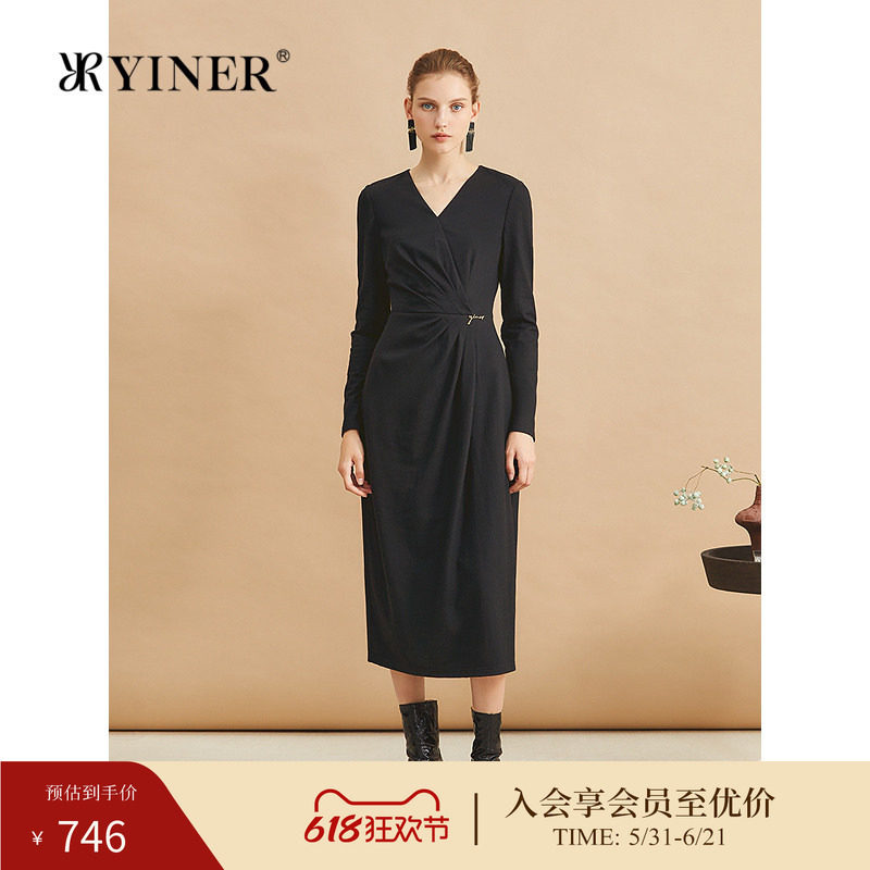 【美丽诺羊毛】YINER音儿女装冬季时尚法式收褶收腰小黑裙连衣裙