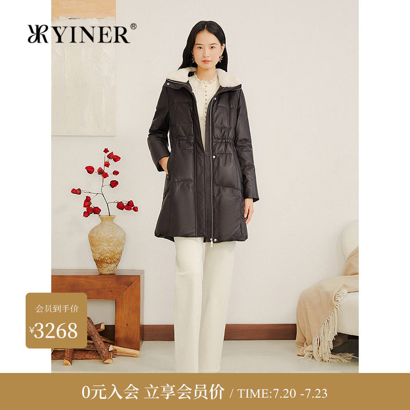 YINER音儿专选冬季新款法式中长款撞色水貂毛翻领真皮羽绒服