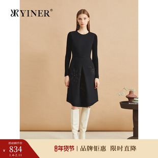 【木兰花系列】YINER音儿女装冬时尚美丽诺羊毛绣花小黑裙连衣裙