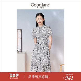 夏季 Goodland美地女装 连衣裙 真丝系列 立领桑蚕丝泡泡袖