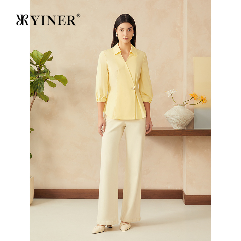 YINER音儿专选2025春季新款法式斜门襟微收腰衬衫海鸥领轻上衣