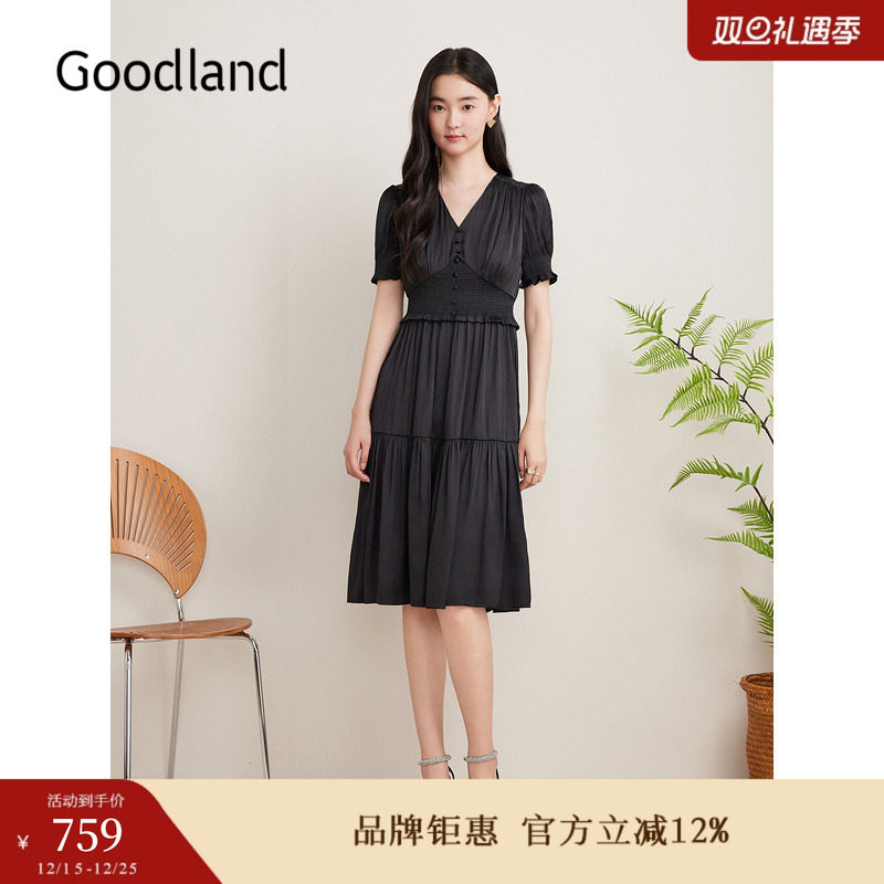 Goodland美地夏季V领小黑裙高腰收褶收腰连衣裙