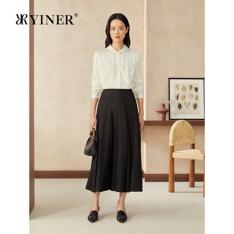 YINER音儿女装春季新中式盘扣提花肌理桑蚕丝衬衫上衣长袖小立领
