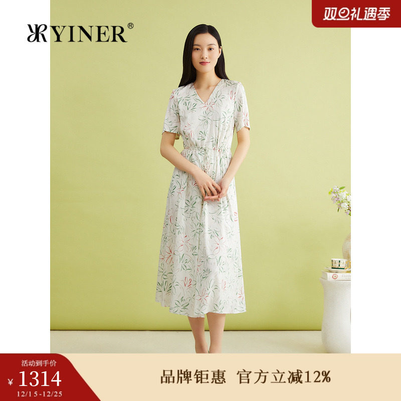 YINER音儿女装夏季法式优雅兰花印花V领收腰桑蚕丝真丝连衣裙