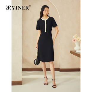 新款 YINER音儿专选2025夏季 钉珠撞色醋酸小A字连衣裙 雅致黑裙