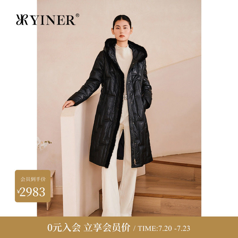 YINER音儿专选春季新款100绵羊皮水貂毛条连帽真皮蓬松羽绒服