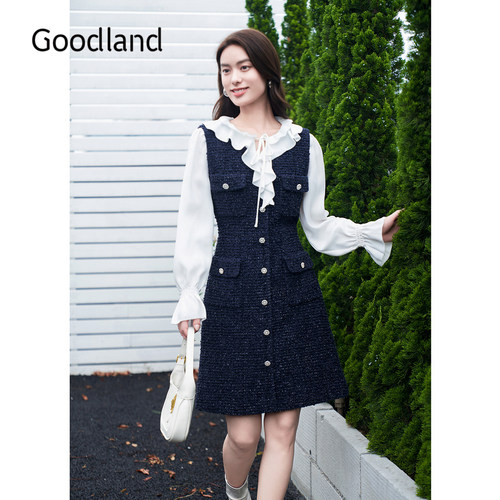Goodland美地女装秋季时尚荷叶领粗花呢假两件连衣裙长袖