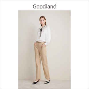 Goodland美地春季 蝴蝶结系带优雅上衣 南法浪漫缎面衬衫