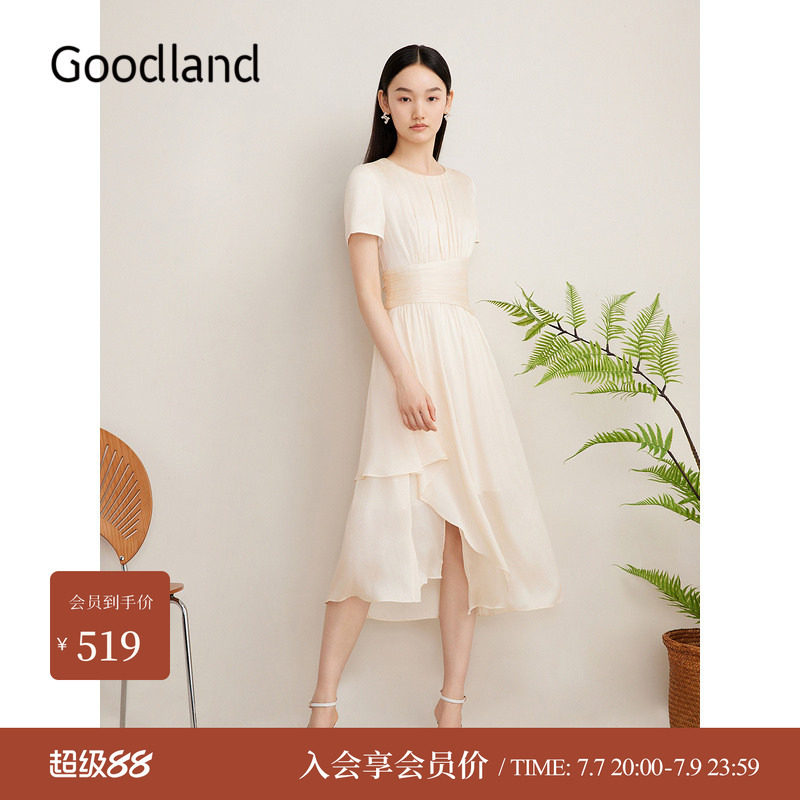 Goodland美地夏季法式优雅雪纺女神裙围裹式收腰连衣裙
