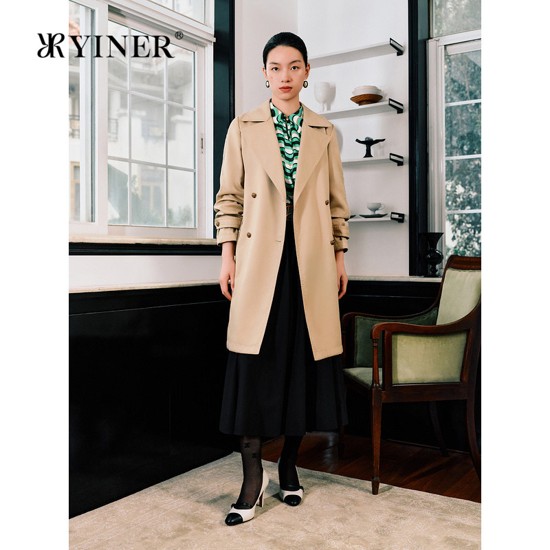YINER音儿春季斜纹棉布拉格长款外套拿破仑领双排扣风衣