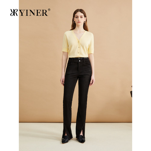 YINER音儿专选女装春季喇叭长裤设计感开衩牛仔裤