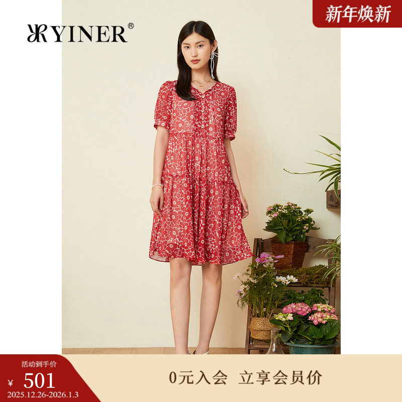 YINER音儿专选女装秋季轻盈碎花雪纺小A字连衣裙
