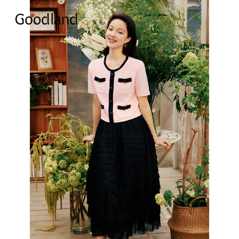 Goodland美地夏季A字压褶小黑裙网纱蛋糕半身裙