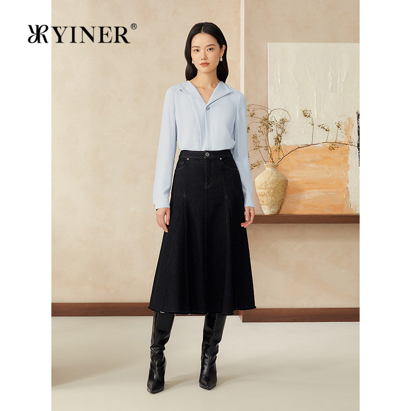 YINER音儿女装春季弹力重绉桑蚕丝衬衫法式不规则V领轻上衣长袖