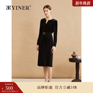 时尚 冬季 YINER音儿专选女装 小黑裙丝绒连衣裙 醋酸系列