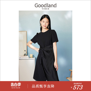 夏季 Goodland美地女装 小黑裙腰节褶皱蝴蝶结百搭连衣裙