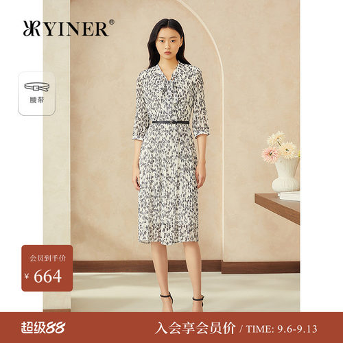 【周末花园】YINER音儿专选夏季新款碎花蝴蝶结领皱褶连衣裙