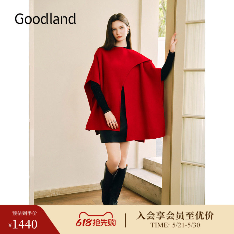 【100美丽诺羊毛】Goodland美地女装冬季时尚斗篷式设计毛