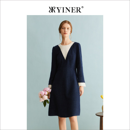 YINER音儿专选女装冬季法式撞色金属闪丝收腰修身连衣裙