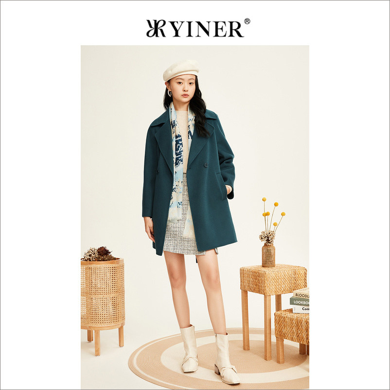 YINER音儿女装冬季中长款外套羊毛混羊绒双面呢外大衣