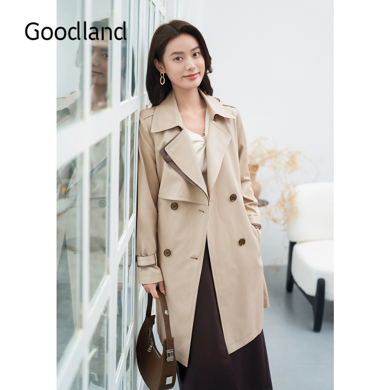Goodland美地女装秋季时尚法式中长款双层撞色边气质廓形风衣外套