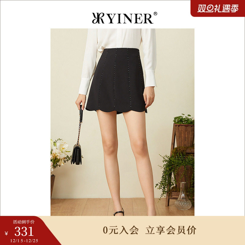 YINER音儿女装夏季通勤弹力钉钻波浪边休闲半身短裙