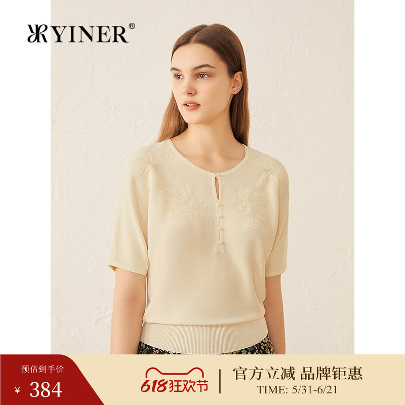 YINER音儿专选夏季新款法式海棠花刺绣毛针织衫蝙蝠袖轻上衣