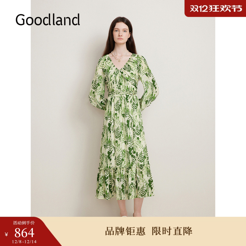 【真丝系列】Goodland美地春季桑蚕丝诗意碎花连衣裙