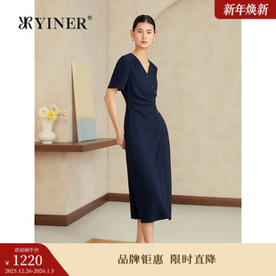 法式 新款 YINER音儿2025夏季 交叠领S型收腰气质连衣裙 醋酸系列