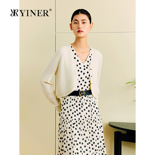 YINER音儿夏季法式亮丝V领修身桑蚕丝混纺针织开衫