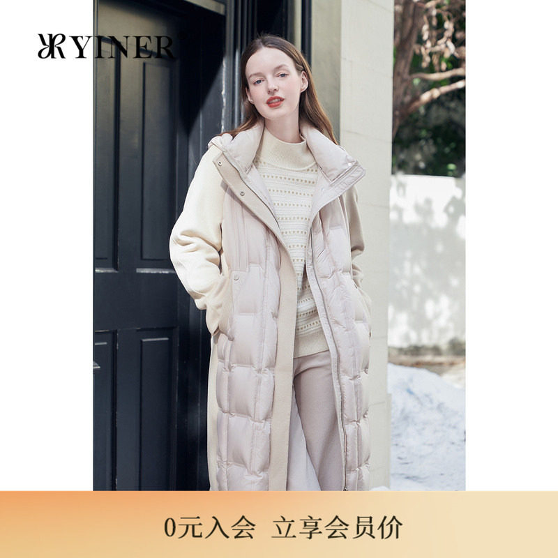 YINER音儿专选女装冬季时尚中长款撞色羊毛呢拼接连帽羽绒服