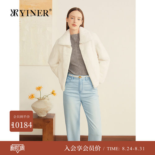 YINER音儿专选秋季新款法式母貂整貂拉链翻领短款皮草外套长袖