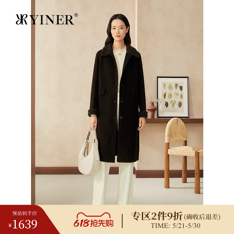 YINER音儿专选春季新款中长款颗粒绒翻领纯羊毛呢大衣外套