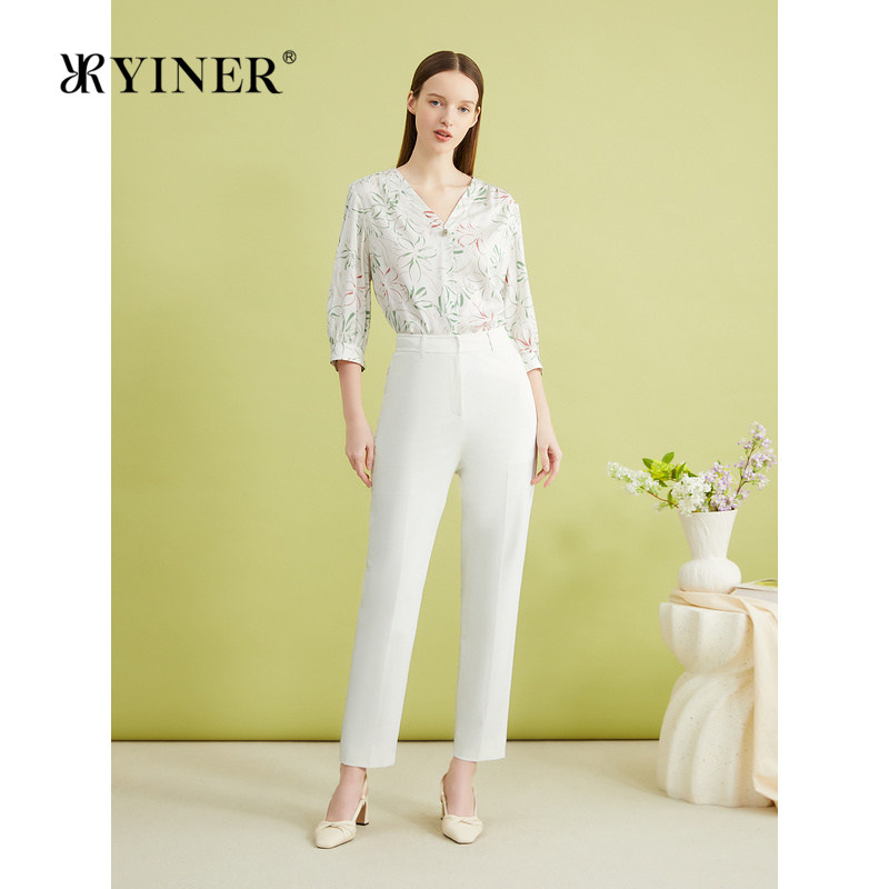 YINER音儿女装夏季时尚斜纹四面弹力防透锥形白色休闲裤