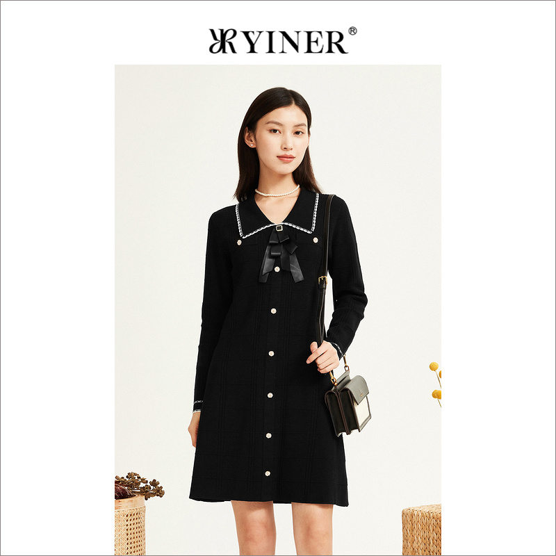 YINER音儿专选女装冬季法式赫本风领结装饰针织连衣裙