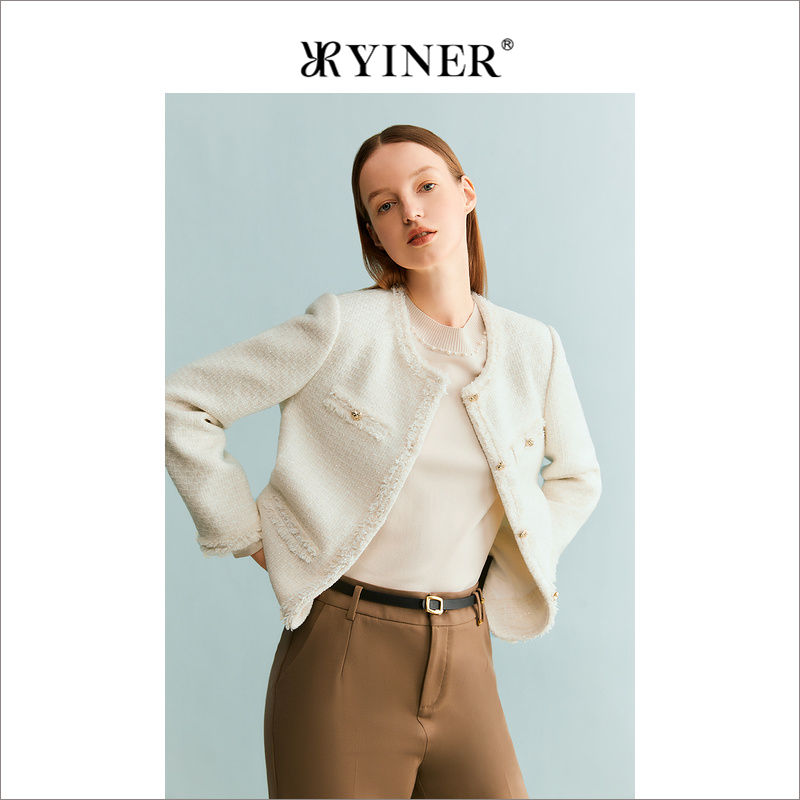 【名媛小香风】YINER音儿专选女装秋季奶油白毛须边短外套