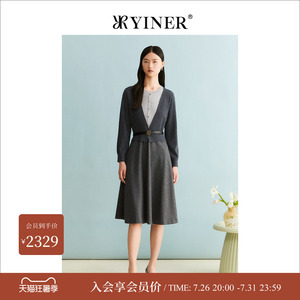 YINER音儿冬季女装含绵羊毛法式假两件收腰针织连衣裙
