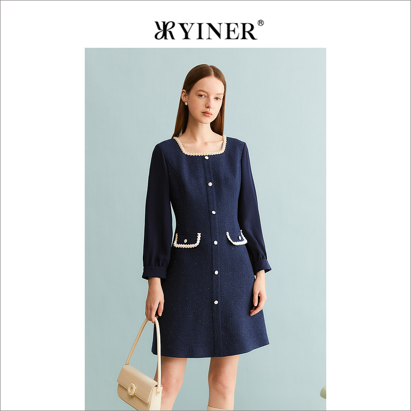 YINER音儿专选女装冬季法式优雅方领羊毛金属闪丝连衣裙