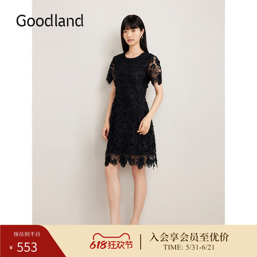 Goodland美地夏季法式浮雕花卉镂空蕾丝A字连衣裙