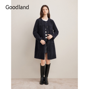 中长款 法式 圆领环保羊毛皮草大衣外套 冬季 Goodland美地女装