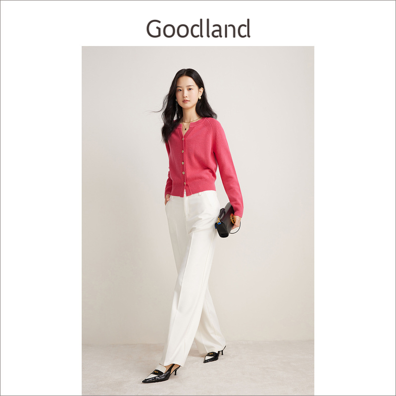 Goodland美地春季法式优雅小香风半开领纯羊毛针织开衫