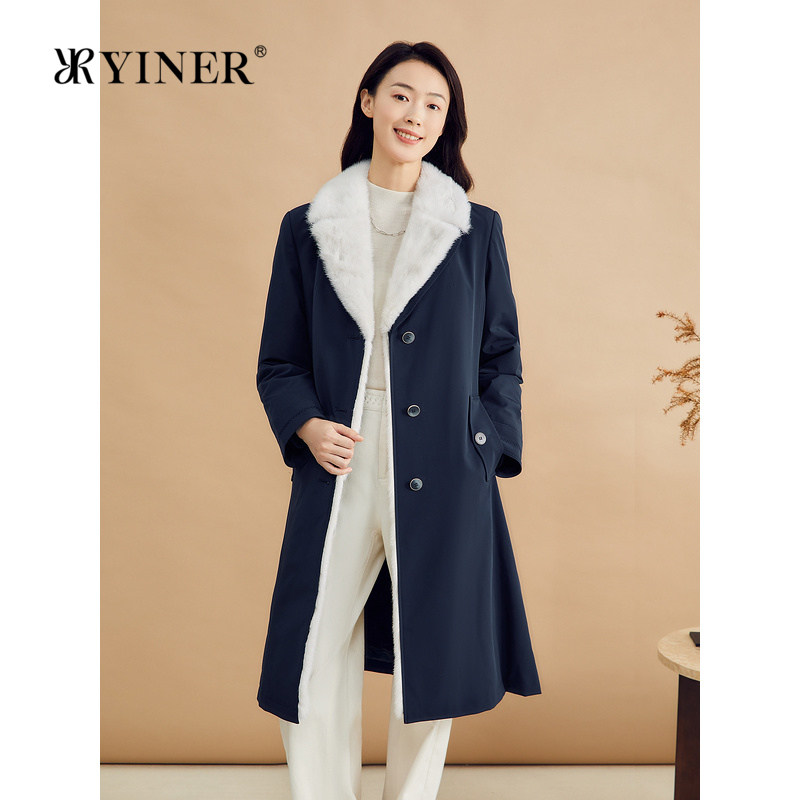 YINER音儿专选女装冬季时尚防风撞色派克服水貂毛真皮皮草