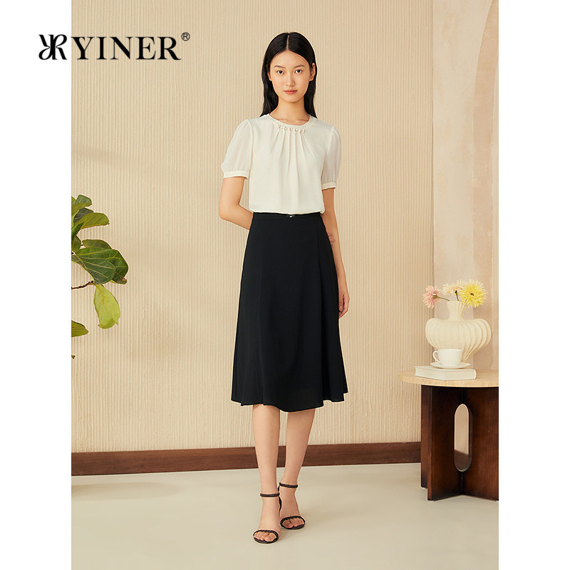 YINER音儿专选女装夏季优雅时尚皱褶钉珠桑蚕丝混纺衬衫上衣