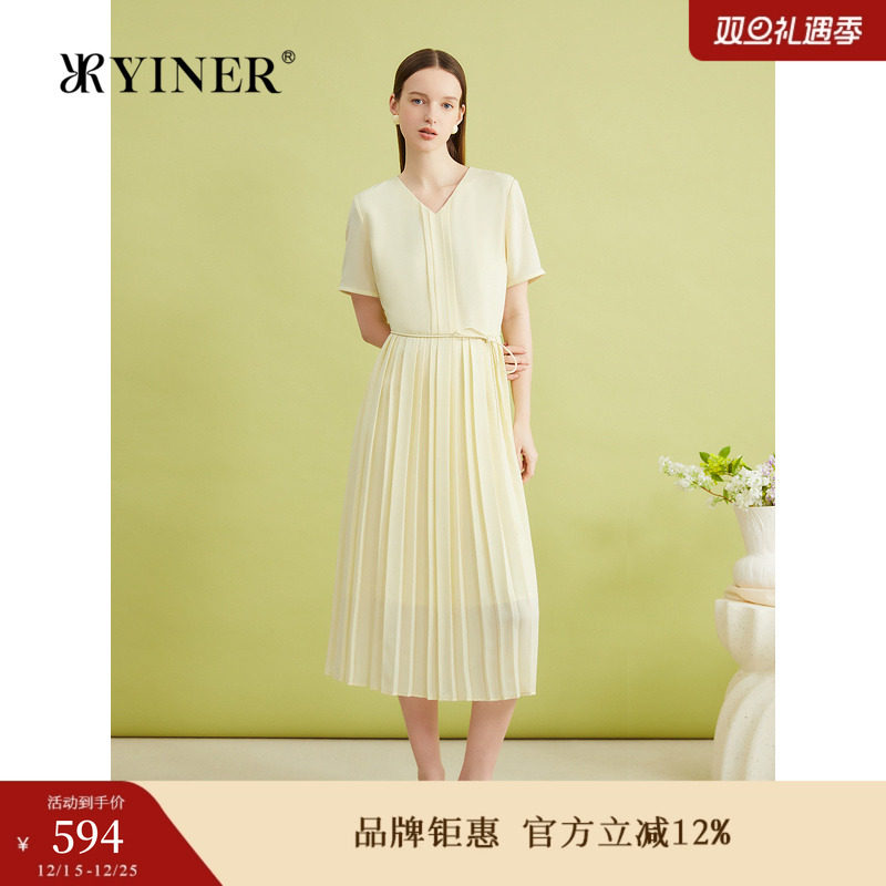 YINER音儿专选夏季法式V领系带收褶收腰百褶优雅连衣裙