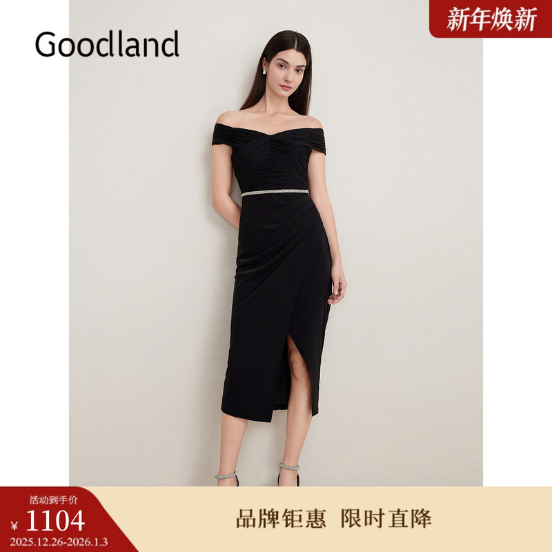 Goodland美地夏季法式小黑裙气质收褶连衣裙