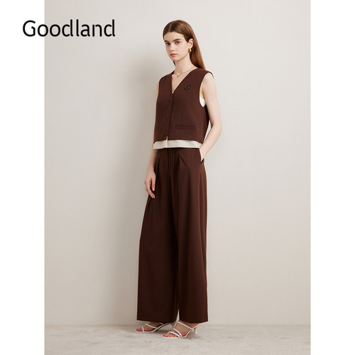 Goodland美地秋季斜纹撞色下摆马甲V领修身背心长袖